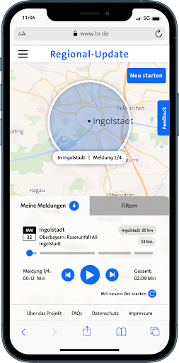 Mobile view of BR Regional Update shows a recommended radio story based on a location on the map.